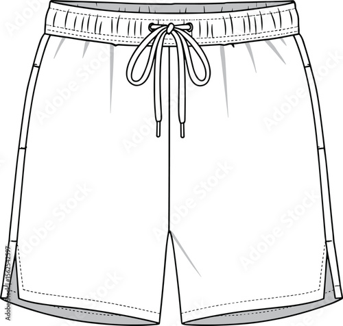 Casual elastic waist shorts with drawstring tie, cad drawing flat vector illustration, stitched seams, front and back views, comfortable fashion sketch