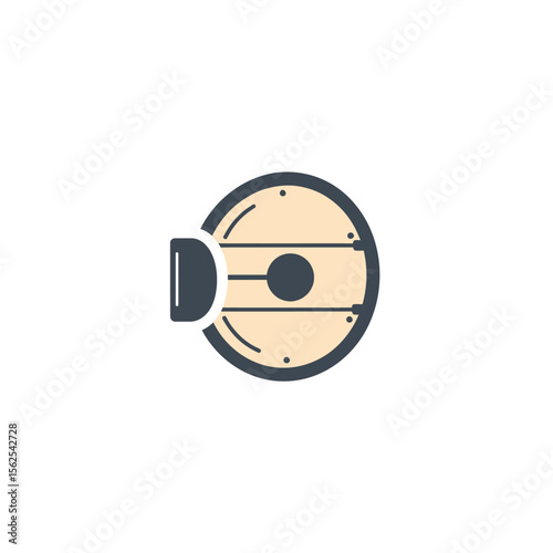 Minimalist vector icon of a wooden shield with metal binding and central boss