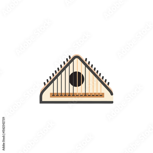 Minimalist icon of a stringed musical instrument shaped like a triangle with tuning pegs and strings