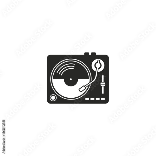 Minimalist black and white icon of a classic vinyl record player with tonearm