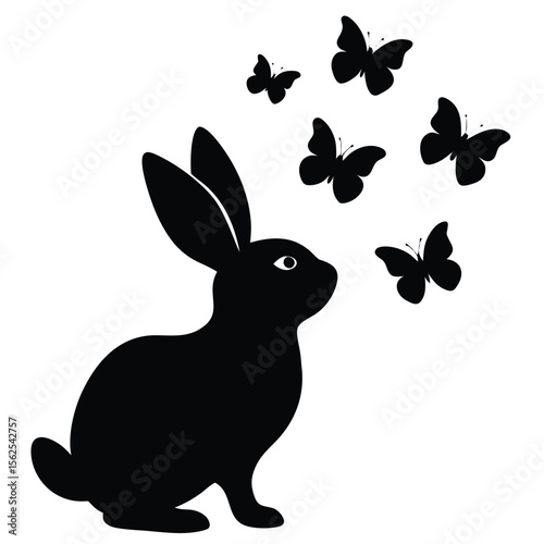 a rabbit looking up as several small butterflies flutter around its ears — playful, gentle, and emotionally 