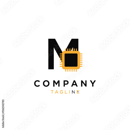 modern minimalist logo design featuring letter m integrated with microchip technology element