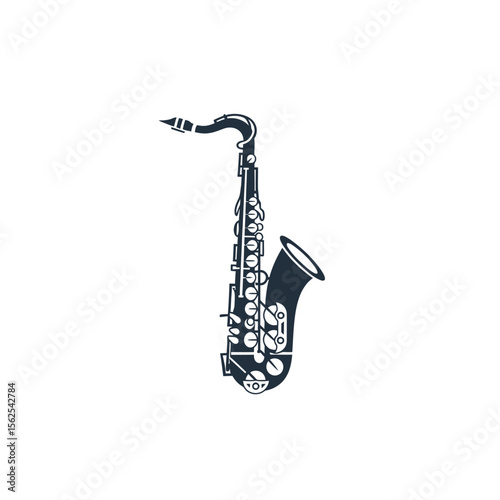 Black simple silhouette of a musical saxophone instrument isolated on white background