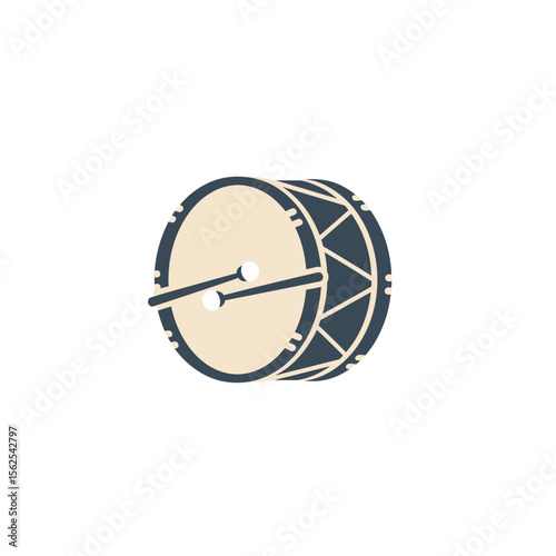 Minimalist illustration of a traditional drum with a drumstick on a white background