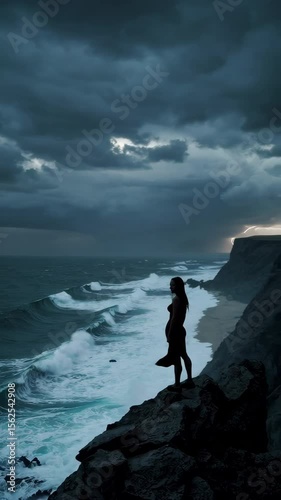 Woman facing storm and lightning on cliff