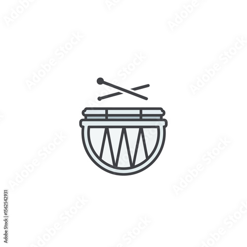 Minimalist line art drum with crossed drumsticks icon on white background