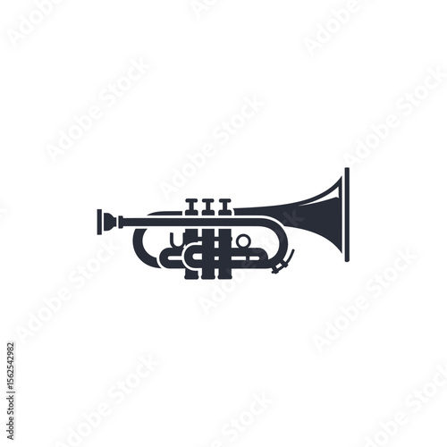 Minimalist black and white illustration of a trumpet musical instrument on white background