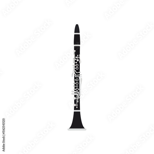 Black and white silhouette of a clarinet musical instrument on white background