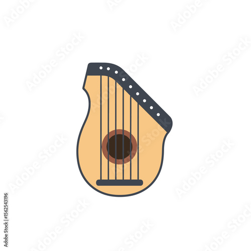 simple minimalist illustration of a stringed musical instrument harp with wooden body and black tuning pegs