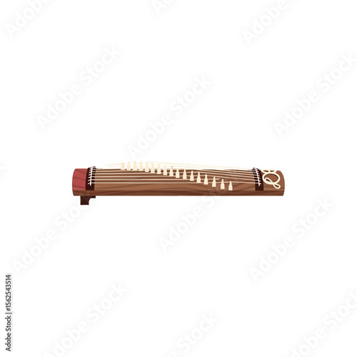 Traditional Japanese koto musical instrument with wooden body and strings isolated on white background