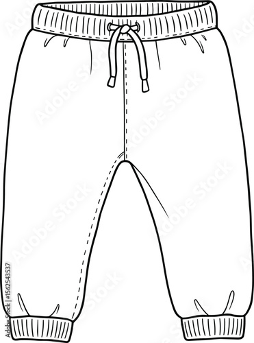 Elastic waist jogger pants cad drawing flat vector illustration, drawstring front, ribbed cuffs, stitched detail, relaxed fit fashion sketch