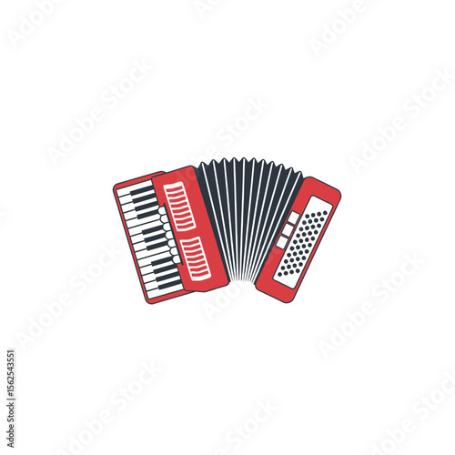 Illustration of a red accordion musical instrument with keys and buttons on a white background