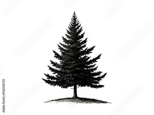 Hand-drawn vintage botanical illustration, engraving of spruce tree, spruce branches, evergreen tree, retro woodland decor, black sketch, nature print, eco-friendly art, rustic charm