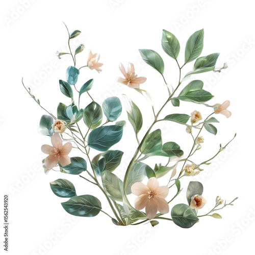 Watercolor floral arrangement with delicate peach blossoms and lush green foliage design element art print on transparent background