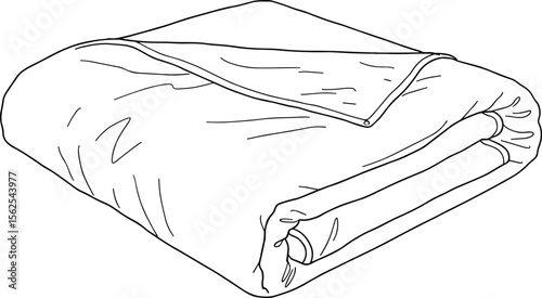 Folded blanket cad drawing flat vector illustration, soft bedding layout, creased surface texture, cozy textile concept, front and side sketch