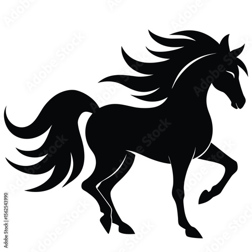  a wild horse running gracefully, dynamic mane and tail flowing in the wind, minimal abstract vector design, isolated on white background, perfect for equine-themed art, logo, or nature branding