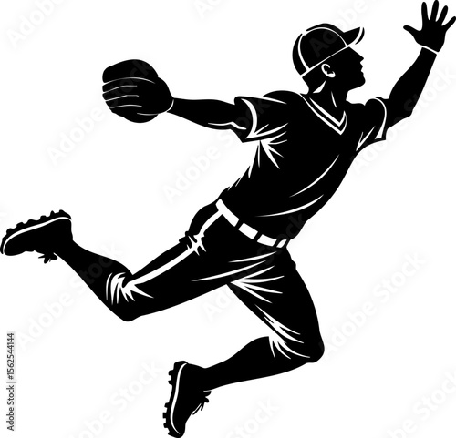 Silhouette of baseball player jumping to catch ball, showcasing athleticism and action