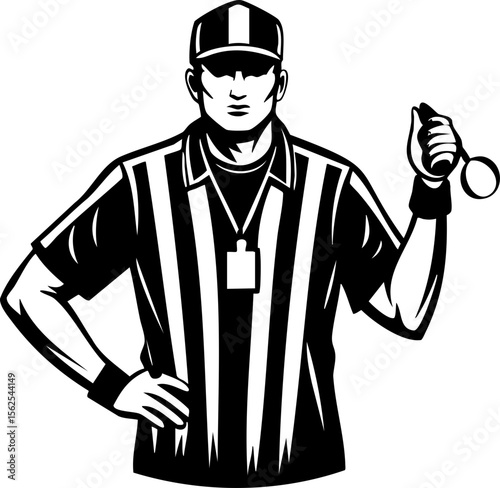 Silhouette of referee holding whistle, wearing striped shirt and cap, exuding authority