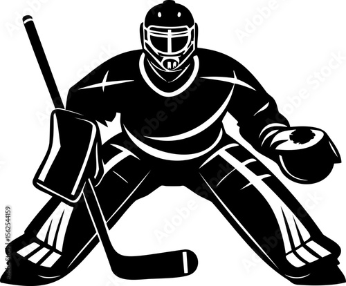 Hockey goalie in protective gear ready to block shot, displaying focus and determination