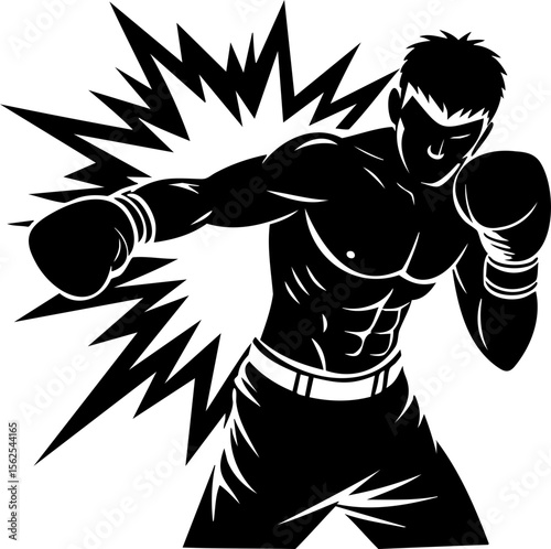 Boxer in action with explosive background, showcasing strength and determination