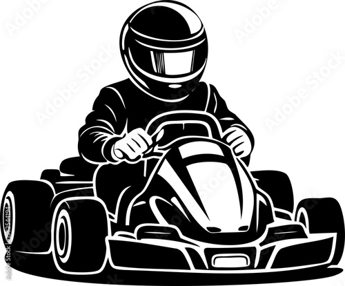 Go kart racer illustration in helmet and suit, driving with focus and speed