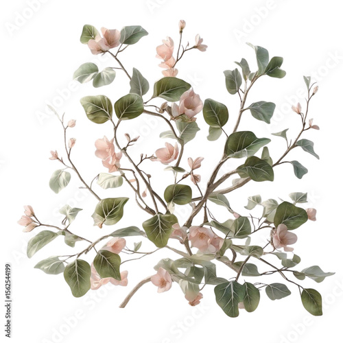 Watercolor floral arrangement with pink blossoms and green foliage for wedding invitation and decoration use on transparent background