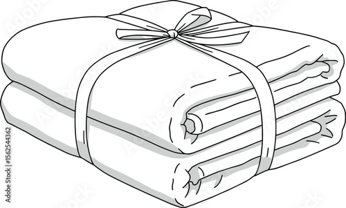 Gift-packaged folded blankets cad drawing flat vector illustration, ribbon-tied bundle, cozy textile layout, front and angled sketch views, soft fabric design