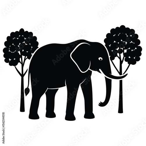 an elephant standing calmly, its tusks subtly shaped like small growing trees, set against a clean 