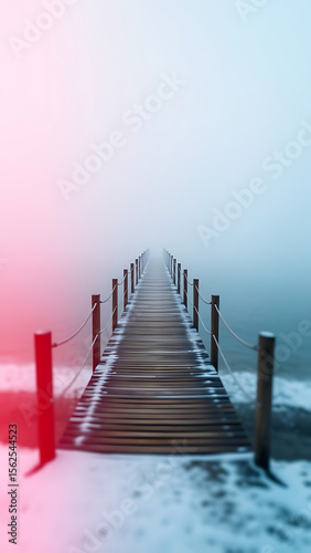 Wooden Pier Extending into Snowy Foggy Horizon vertical