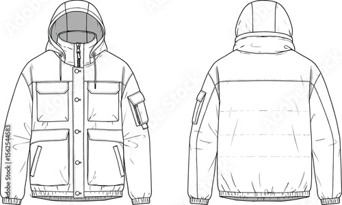 Hooded technical jacket front and back, cad drawing flat vector illustration, flap and zipper pockets, ribbed cuffs, structured outerwear design
