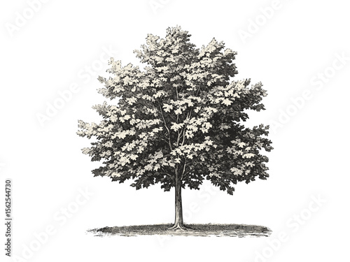 Vintage hand-drawn engraving of Sugar Maple Tree, rustic woodland decor, black sketch, fall tree leaves, eco-friendly botanical art, retro print, natural forest illustration