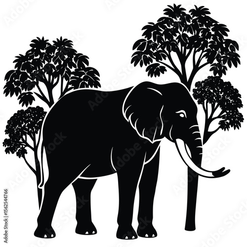 an elephant standing calmly, its tusks subtly shaped like small growing trees, set against a clean 
