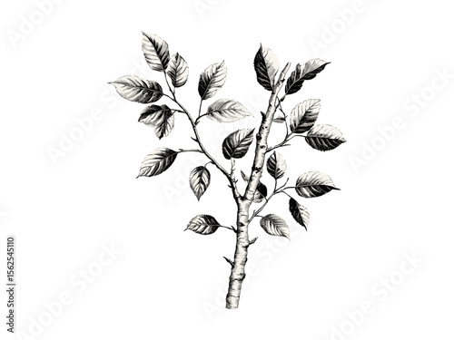 Vintage Sweet Birch Tree hand-drawn sketch, retro tree branches, black woodland engraving, eco-friendly print, old botanical style, natural tree decor, rustic forest illustration