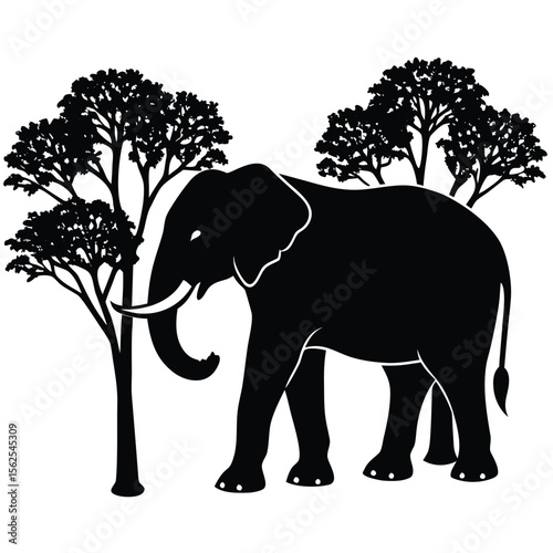 an elephant standing calmly, its tusks subtly shaped like small growing trees, set against a clean 