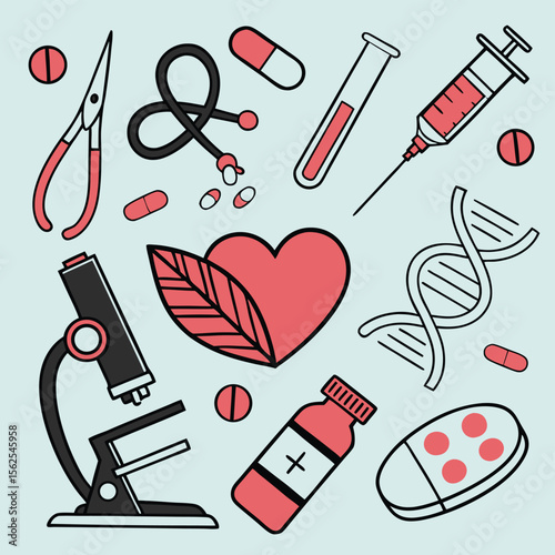 Medical instruments and healthcare symbols illustration