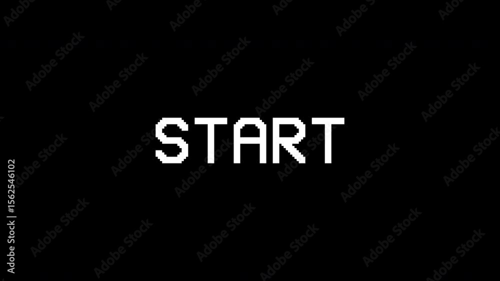 Start text animation with a glitch effect. Cyberpunk text with an old TV distortion effect. Retro, vintage 8-bit game style. Embedded alpha channel. ProRes 4444