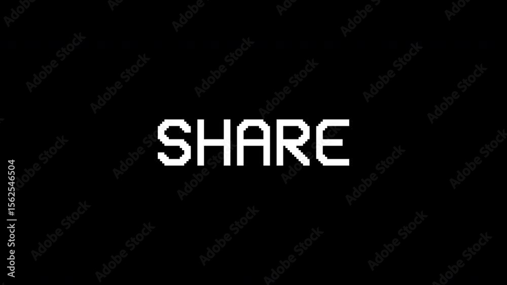 Share text animation with a glitch effect. Cyberpunk text with an old TV distortion effect. Retro, vintage 8-bit game style. Embedded alpha channel. ProRes 4444