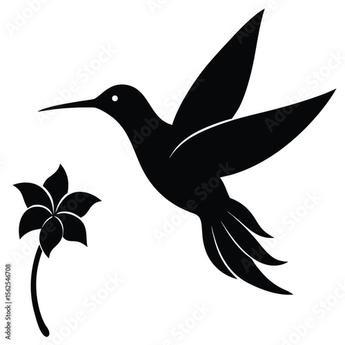  one abstract hummingbird with exaggerated curved wings and elongated beak, hovering beside an invisible flower