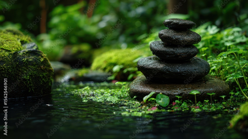 Zen stones in a lush garden Zen stones in a lush garden