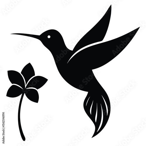  one abstract hummingbird with exaggerated curved wings and elongated beak, hovering beside an invisible flower