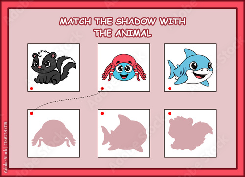 match the shadow with the animal kids worksheet. skunk, spider, shark