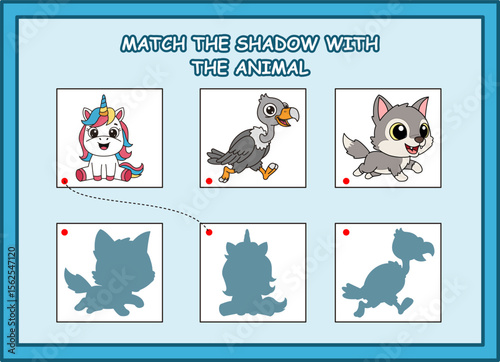 match the shadow with the animal kids worksheet. unicorn,vulture, wolf