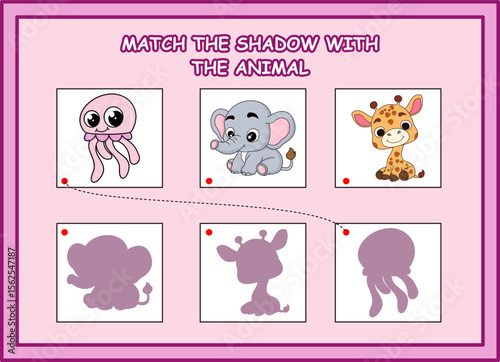 match the shadow with the animal kids worksheet. jellyfish, elephant, giraffe