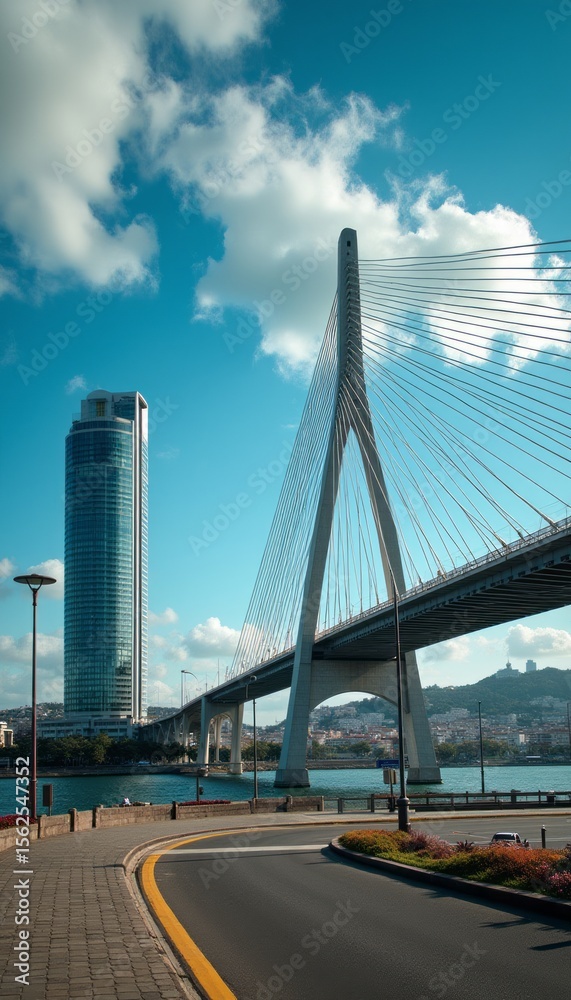 Fototapeta premium Stunning modern bridge with a skyscraper backdrop