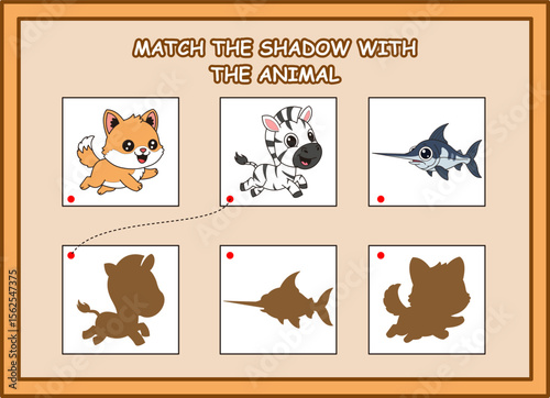 match the shadow with the animal kids worksheet. zebra