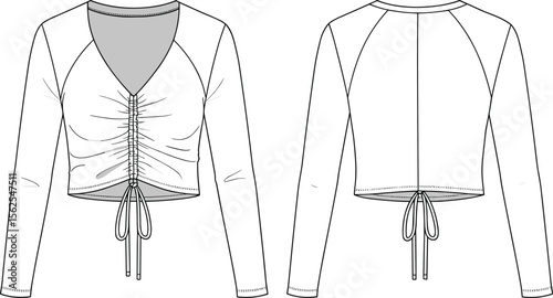 Ruched cropped top cad drawing flat vector illustration, V-neckline, drawstring hem detail, long sleeves, gathered center front, fashion sketch