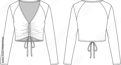 Ruched cropped top cad drawing flat vector illustration, V-neckline, drawstring hem detail, long sleeves, gathered center front,