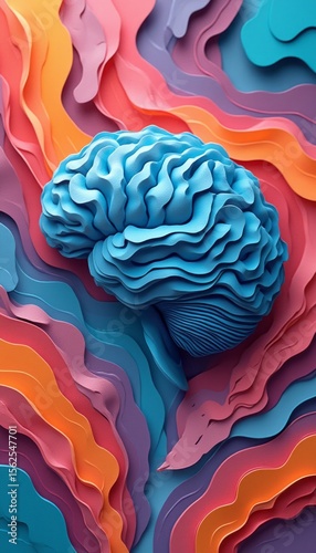Colorful brain sculpture on vibrant abstract background