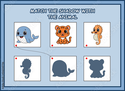 match the shadow with the animal kids worksheet. whale, tiger, seahorse
