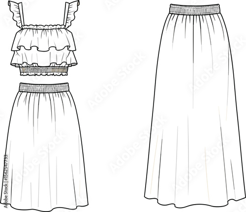Ruffled crop top and long skirt set, cad drawing flat vector illustration, elastic waist, layered design, fashion sketch, front and back